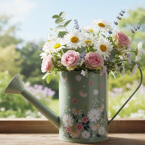 Metall-Gießkanne mit Vintage-Blumenmuster, langer Auslauf, große Kapazität, Gießkanne, Salbeigrün mit Gänseblümchenmuster, Bewässerungs-Pflanzgefäß mit langem Hals, für drinnen und draußen