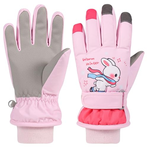 Jupsk Kids Winter Ski Gloves Waterproof Anti Slip Plush Thermal Snowboard Gloves Rabbit Mittens for Children Girls Age 4-6 (Pink)