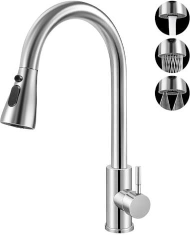 Llizuia Robinet de Cuisine Haute Pression avec Douchette Extractible, Mitigeur Extensible, avec 3 Fonctions de Pulvérisation, Pivotant à 360°, en Acier Inoxydable