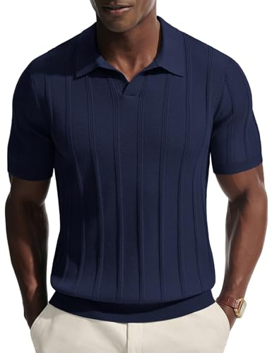 PJ PAUL JONES Mens Polo Shirts Short Sleeve V Neck Knitted Polo T Shirts Tops Navy Blue L