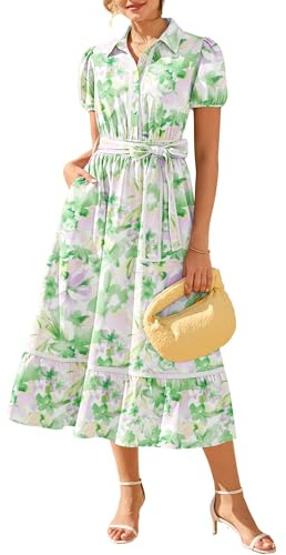 GRACE KARIN Vestido informal de verano para mujer, manga abombada, cuello de solapa, vestido floral con bolsillo, vestido largo de playa