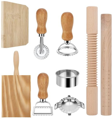 Wooden Pasta Making Tools 10 PCS, Dumpling Pasta Making Accessories | Kit Include Square/Round Ravioli Mould Stamp Maker Cutter, Gnocchi Board, Threaded/Plain Rolling Pins, Cutter Wheel