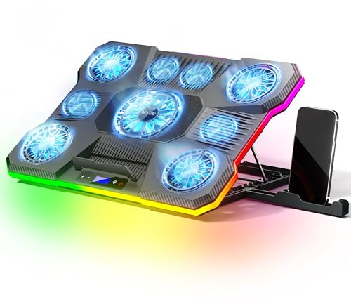 MOOJAY Base Refrigerante con 9 Ventiladores Silenciosos, 10 Modos RGB | Compatible con Portátiles De 14-19 Pulgadas. Soporte Gaming con 6 Velocidades Regulables, 2 Puertos USB Y Soporte para Móvil