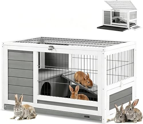 YODOLLA 90 cm Hasenstall Kaninchenstall Kleintierhaus mit Auslauf | Kaninchenkäfig für Kaninchen & Meerschweinchen, wetterfester Holzstall, Herausnehmbare Schalen zur leichten Reinigung