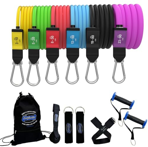 Bodylastics PRO Series Resistance Band Set - 6 Bands, Handles, Ankle Straps, Door Anchor, Carry Bag Heavy-Duty Stretch Exercise Bands-Patented Clips and Snap Reduction Tech (280 LBS Max Tension)