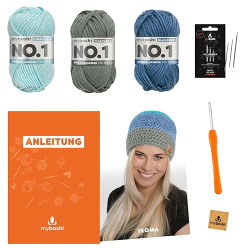 myboshi Häkelset Mütze Ikoma für Anfänger, inkl. No.1 Wolle, Häkelnadel, Wollnadeln, Anleitung, Label, Mützen-Häkelpaket, 30% Merinowolle Blau mit Häkelnadel