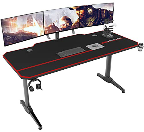 DlandHome Bureau Gaming 140 cm Bureau Gamer avec Tapis de Souris Intégré & Porte Manette/Chargeur à USB, Table de Gaming PC Gamer Station de Jeu Pro avec Porte-gobelet & Crochet pour Casque, Noir
