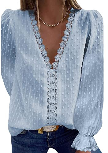 Coloody Femme Tee Shirt Col en V, Manches Longues Loisirs D'été Tunique en Dentelle Jacquard Blouse Amples Caraco Tops Chemisiers à La Mode-LBleu Clair-XXL