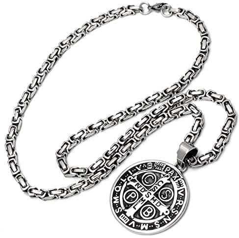 Schmuck-Checker Großes Schutzamulett mit Benediktus Kreuz aus 316L Edelstahl Königskette silber mit Anhänger Herren Biker-Schmuck Geschenk