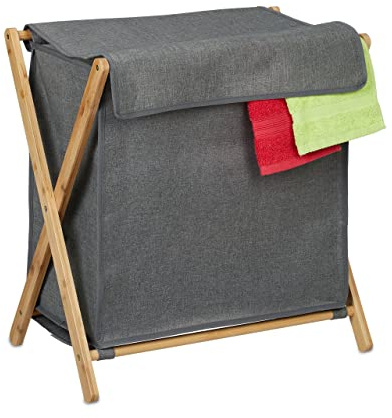 Relaxdays Wäschekorb Cesto Ropa Sucia con Tapa, Organizador Colada Plegable, Armazón Bambú, Tela, 57 x 55 x 35 cm, Gris/Natural, Poliéster