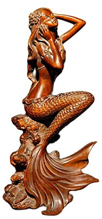 Vintage Holz Fisch Schnitzen Buchsbaum Frauen Mädchen Statue Home Decor Wunderschön Kunst Zimmer Arbeitszimmer Souvenir Hobby Sammeln Mythos Geschichte