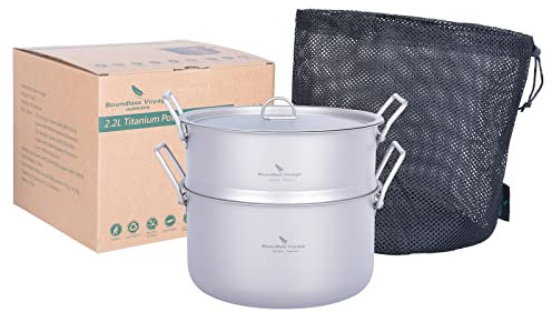 iBasingo 2.2L Titanium Steam Pot Compact Steamer Pan Camping Pot Outdoor Cookware Lightweight Portable Hiking Saucepan Household Kitchen Metal Cooking Set Food Steamer Basket for 1-2 Person Ti2111C