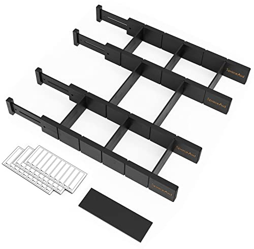 SpaceAid Separadores de cajones de bambú con inserciones y etiquetas, organizadores expandibles ajustables para cocina, hogar, oficina, aparador, 4 separadores con 9 insertos (43-56 cm,negro)