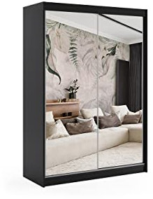 ALTDECOR Kleiderschrank mit Spiegel und Schiebetüren, kugelgelagerte Führungsschienen und Aluminium-Leisten, LED-Beleuchtung (weiß + 16 Farben) und Fernbedienung - DEBI - 160 cm Schwarz