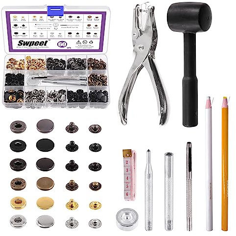 Swpeet 60 Sets Leather Snap Fasteners and Hole Punch Pliers with 4Pcs Fixing Tools Assortment Kit, Metal Snaps Press Studs for Clothes, Jackets, Jeans