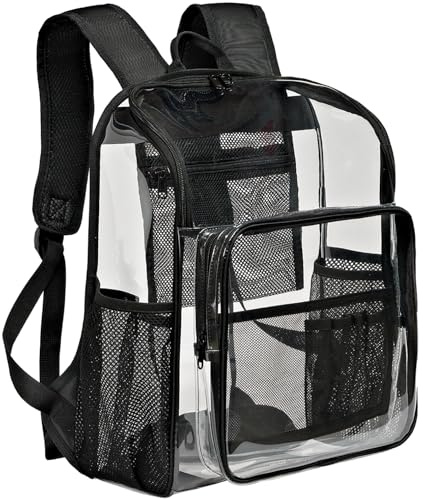 KUI WAN Zaino trasparente per scuola grande borsa trasparente con multi-tasche in PVC trasparente zaino per college, nero, Large, Zaini leggeri