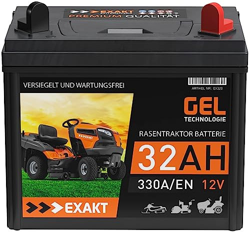 EXAKT Rasentraktor Batterie 12V 32Ah GEL Batterie Plus Pol Rechts Aufsitzmäher Rasenmäher Starterbatterie ersetzt AGM 24Ah 26Ah 28Ah 30Ah