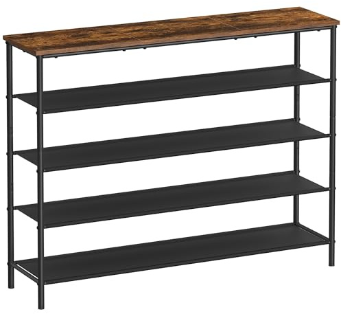 VASAGLE Shoe Rack 5 Tier, Narrow Shoe Storage Organiser for Wardrobe Hallway, with 4 Fabric Shelves and Top for Bags, Shoe Shelf, Steel Frame, Industrial, Rustic Brown and Black LBS136B01