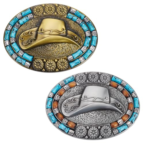 WEBEEDY 2 estilos hebilla de cinturón occidental ovalado largo vintage sombrero vaquero hebilla de cinturón turquesa corbata de oro y plata para traje de vaquero