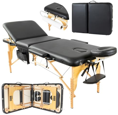 GARR Solution Lettino Massaggio Portatile 3 Zone in Legno, Professionale, Pieghevole e Leggero - 185x70 H62/87cm - con Porta Rotolo e Accessori - Adatto per Estetista, Fisioterapia e Tattoo - Nero