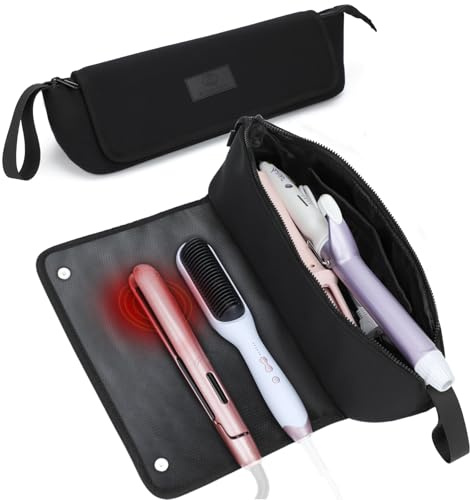 Travel Essentials Neoprene Hair Styler Bag w/Heat Resistant Mat for Flat or Curling Irons, Straighteners Haircare Accessories, Airport Essentials, Gifts for Women Friends Sister (Black-Fireproof Mat)