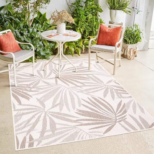 payé In- & Outdoor-Teppich - Beige Creme - 120x170cm - Wendeteppich - Florales Muster - Wetterbeständig für Balkon Terrasse - Indoor Teppiche Wohnzimmer Küche