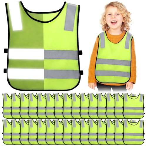 Unittype 30 Pcs Kids Safety Vest High Visibility Reflective Safety Children Vest Neon Yellow Child Traffic Clothes with Elastic Strap for Kids Cycling Running Skiing Outdoor Activities