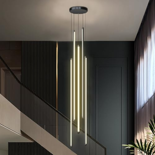 DOCJX LED Treppe Pendelleuchte Modern Treppenleuchte Hängeleuchte Dimmbarer Kronleuchter Aluminium Treppe Licht Höhenverstellbar Deckenleuchte Villa Treppenhaus(Infinite dimming,5-head 100CM)