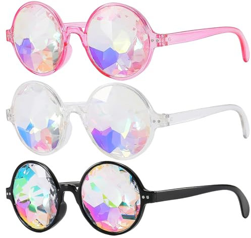 ZGDEIWGF 3 Stück Facettierte Mosaikgläser, Karnevalsbrillen, Festival-Sonnenbrillen, Festival-Accessoires, Kaleidoskop-Brillen
