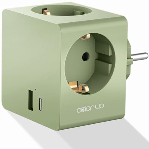COLOR UP Steckdosenwürfel ohne Kabel, 5in1 Steckdosenadapter für DE/ES/FR | Mehrfachsteckdose für USB A/C + 3X C E/F, Mehrfachstecker für Steckdose mit Kindersicherung