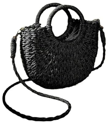 WANGSHAOWEI Strohtasche Handgewebte Strohrattan-Halbmond-Strandhandtasche mit großer Kapazität for den Sommer mit ausgehöhlten Umhängetaschen for Damen Runde Strohtasche(Noir)