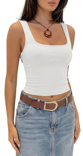 Haibang Camiseta sin Mangas Mujer Sexy Crop Top Cuello Cuadrado Verano Deportivas Tank Tops Moda Elástica Suave Camisetas Tirantes Casual Corto Chaleco Básicas Camistas para Gimnasio Entrenamiento