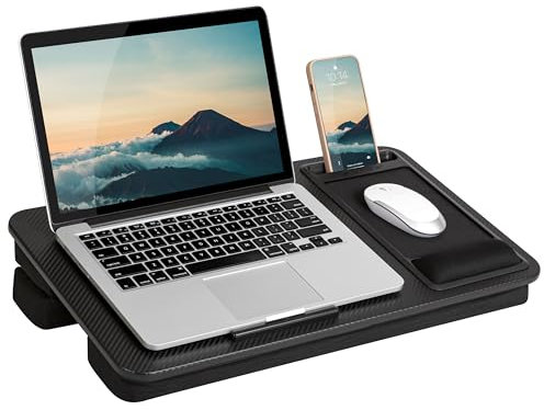 LAPGEAR Großer Verstellbarer Schoßschreibtisch mit Handgelenkauflage aus Memory-Schaum, Mauspad, Handyhalterung, Geräteleiste und Sitzerhöhung, schwarzes Carbon, passend für Laptops bis zu 39,6 cm