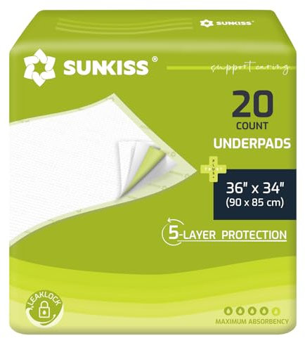 SUNKISS TrustPlus Empapadores Desechables 90cm x 85cm para Incontinencia, Súper Absorbentes, Antifugas, Protectores de Cama y Muebles, Pañales para Adultos, Niños, Ancianos y Mascotas, Paquete de 20