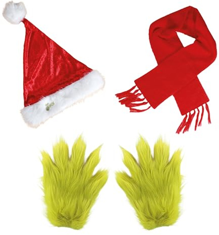 Chaks - Grinch Kostüm Accessoire Set, Weihnachtskostüm | Offizielles Grinch Outfit mit Handschuhen, Weihnachtsmütze und Schal, Accessoire für Weihnachtsfeier und Mottoparty