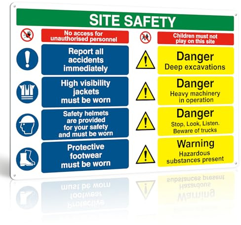 Site Safety Sign for Construction Areas, 600x400mm 1mm PVC Rigid Plastic | Warning Signage, Clear Instructions, Matte Finish, 4 Pre-Drilled Holes and Adhesive Pads