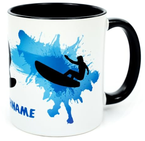 Surf Tasse mit Namen personalisiert Surfer Surferin Becher surfing Geschenk | Geschenk zum Geburtstag, Surfen Zubehör, Damen Herren Frau Mann Kinder Erwachsene, Wassersport Surfing Deko Gadget Coffee mug
