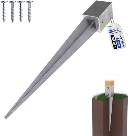 GeZu Impex Support de Poteau à Enfoncer Douille 91 x 91 x 900mm | Argenté Ancre Pour Pied Poteau Clôture Bois
