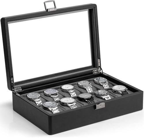 Vlando Boîte à montres avec 10 emplacements, présentoir de montre avec couvercle en verre, étui de montre en cuir texturé avec coussins amovibles, boîte de rangement pour montres, cadeaux pour homme