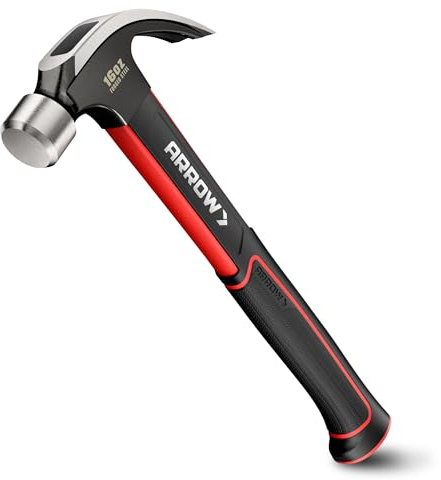 ARROW 16oz Claw Hammer with Shock-Absorbing Fiberglass Handle, Smooth Face and Forged Steel Head, Curved Claw Hammer for Carpentry and General Purpose