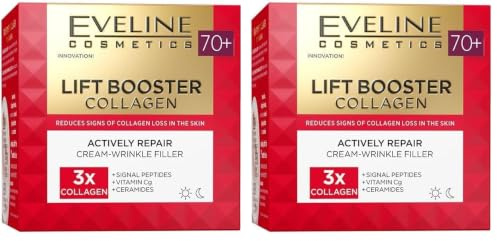 Eveline Cosmetics Lift Booster Collagen Faltenfüller Creme 70+ - Fortschrittliche Reparaturtherapie mit 3 Kollagenarten, Vitamin Cg, Peptiden & Ceramiden für reife Haut (Packung mit 2)