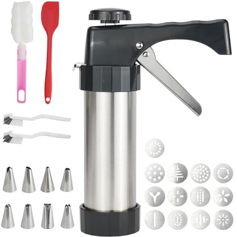 LAGAHS Máquina de prensa de galletas con 13 plantillas, 8 boquillas, 1 espátula y 3 pinceles, cortadores de galletas de acero inoxidable para cocina, hornear, rosquilla, macarrones, tartas, glaseado