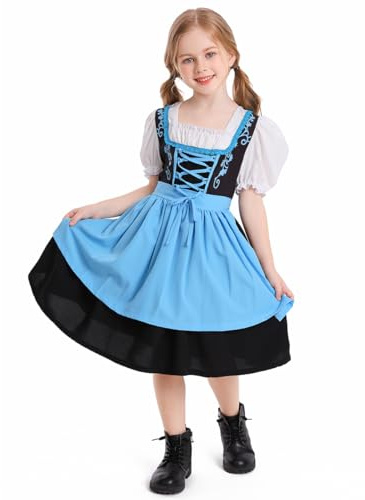 DLSNZ Kids Girls German Oktoberfest Costume Dirndl Dress Bavarian Fancy Dress Halloween Cosplay Outfit (Blue, X-Large)