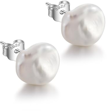 JaruJaru Baroque/Keshi Pearl Stud Earrings – 8-9mm Irregular Freshwater Pearl Studs, Sterling Silver 925 Hypoallergenic Earrings for Women/Men, Unique Non-Round Natural Pearls