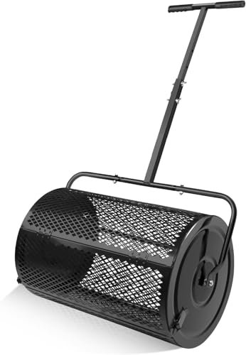 Distribuidor de compost de 24 pulgadas y de turba - Rodillo para césped - Distribuidor de tierra vegetal, estiércol, mantillo y abono - Césped y esparcidor - Distribuidor de compost con cesta de mal