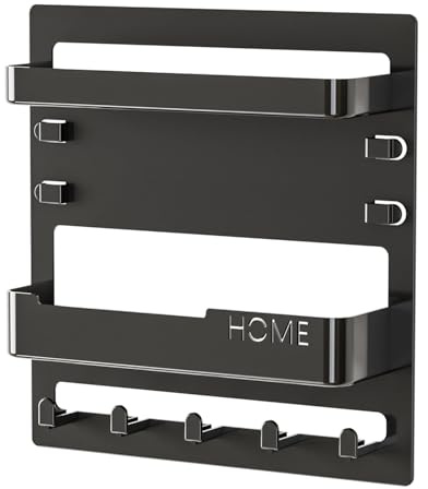 munloo Schlüsselbrett mit Ablage, 5 Haken, ohne Bohren, Schwarz | PS-Schlüsselbrett für die Wand mit Ablage und 5 Haken; ohne Bohren, 23 × 24 cm, für Schlüssel, Telefon und Fernbedienung.
