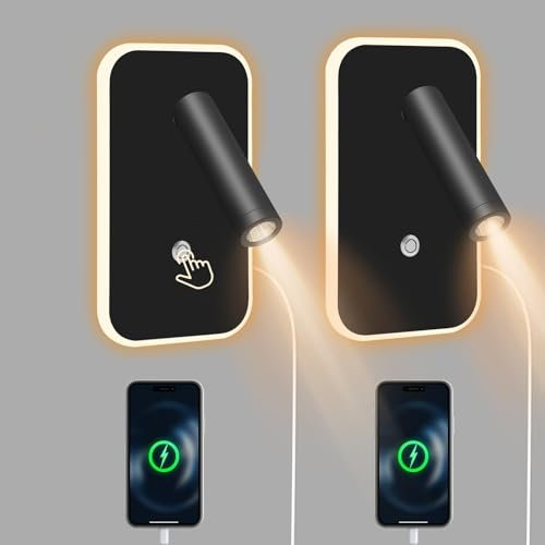 Lampada da Parete a LED con Interruttore Touch e Porta di Ricarica USB, Lampada da Lettura 3W+9W 3000K, Applique da Letto Faretto Regolabile per Camera da Letto e Soggiorno(Schwarz, 2 Stück)