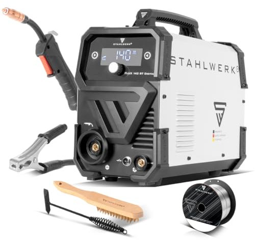 STAHLWERK Schweißgerät Mini FLUX 140 ST Digital – Fülldrahtschweißen (FLUX) ohne Schutzgas bis 140 A, kompakt, synergischer Drahtvorschub, integriertes LED-Licht, Lift-TIG- und MMA/ARC-Funktion