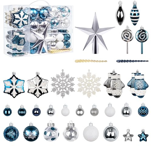 Bolas para árbol de Navidad, 118 unidades, bolas de Navidad blancas y azules, adecuadas para celebrar la Navidad con familiares y amigos