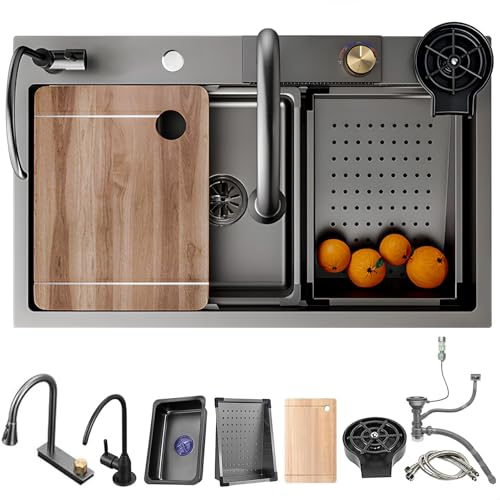 Grande lavello da cucina con rubinetto estraibile a cascata per lavastoviglie incluso, lavello singolo in acciaio inossidabile (nero grigio 65 x 50 cm)